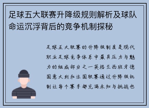 足球五大联赛升降级规则解析及球队命运沉浮背后的竞争机制探秘